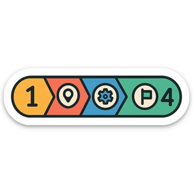 modern horizontal progress bar with colored segments for each phase, numbers and icons, isolated on white background sticker