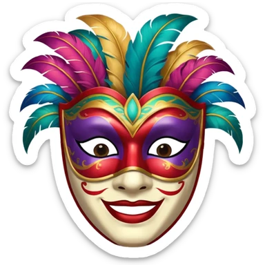 A man with a painted carnival mask, vibrant colors and confident expression. sticker