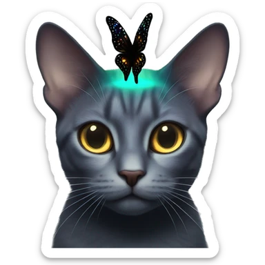 Dark iridescent butterfly glowing on top of cats head  sticker