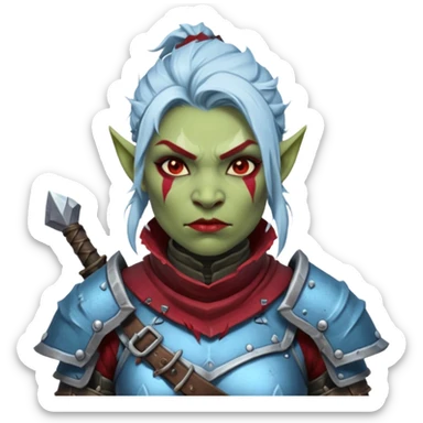 
Fantasy Christmas orc legion soldier icon, iron tundra army theme, heavy winter armor, disciplined brutal look, icy blue steel armor with deep crimson accents, frozen metal texture, cold winter atmosphere, female variant
 sticker