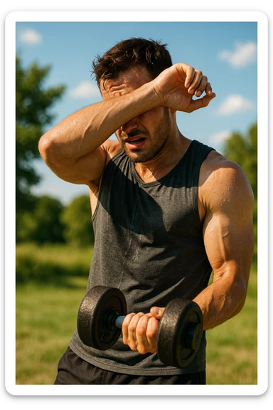 uomo fitness che si allena in estate, tutto sudato, con una mano fa un curl manubri mentre con l'altra mano si asciuga il sudore dalla fronte, espressione affaticata in volto sticker