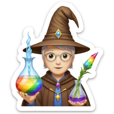 costume, wearing wizard hat custome, with glass vase, rainbow sticker