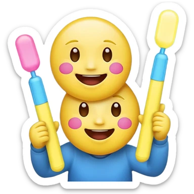 An excited yellow emoji face with closed smiling eyes and blushing cheeks, cheering enthusiastically while holding up two glow sticks (one blue, one pink). It represents high energy, fandom, and celebration. sticker