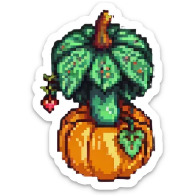 heart with a mushroom on one side and a pumpkin on the other, pixel art style sticker