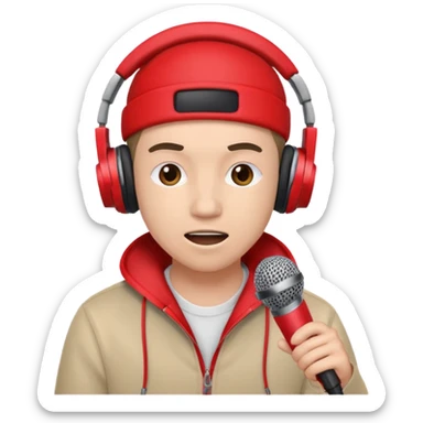 emoji de persona haciendo beatbox con un micrófono y unos audífonos rojos puestos sticker