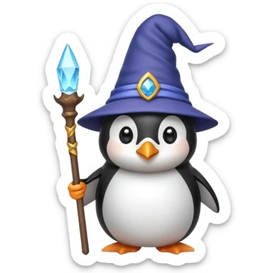 cute penguin wearing a wizard hat and holding a staff, emoji style sticker