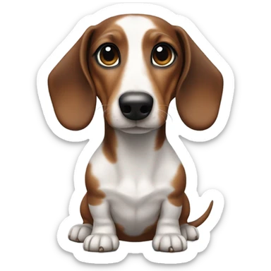 a dachshund, features a smooth coat with a white body patterned with dark brown patches and a brown head shaded with darker tones. With one blue eye  sticker