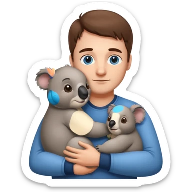 One big Koala hugging a man with brown hair and blue eyes  sticker