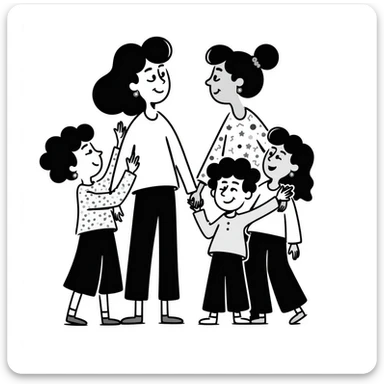 black doodle illustration of a family with two moms and young kids, casual, friendly, hand-drawn sticker