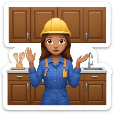 beautiful girl with long brown hair constructing new kitchen cabinets sticker