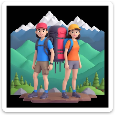 back packer couple posing, mountains in background,   close up pose sticker