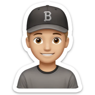 Create a teen boy wearing a faded black T-shirt. He will have light brown hair that is buzzed, tan skin, and dark brown eyes. He is wearing a gray baseball hat turned backwards. He is smiling sticker