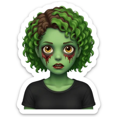 Zombie girl emoji verde com cabelo curto cacheado castanho no ombro com uma blusa preta sticker