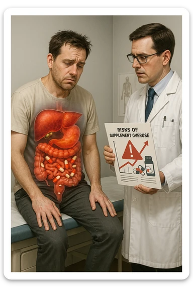 a man sits on a doctor’s examination table, looking fatigued and uncomfortable. A transparent anatomical overlay reveals his liver and intestines, both appearing inflamed and congested, with stylized supplement capsules and pills scattered throughout the digestive tract. The doctor stands nearby, holding a chart that highlights the risks of excessive supplement use. The mood is clinical and educational. in italiano iperrealistica sticker