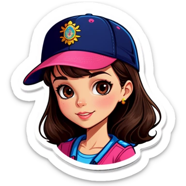 brunette girl latin with pink shirt tiny name tag and all navy blue hat sticker