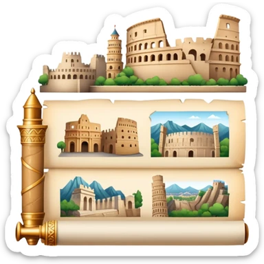 icon featuring an ancient scroll, quill pen with famous historical landmarks and monuments like the Great Wall and the Colliseum in the background. Historical figures are depicted as statues, symbolizing the study of history. Transparent background highlights the legacy of past civilizations. sticker