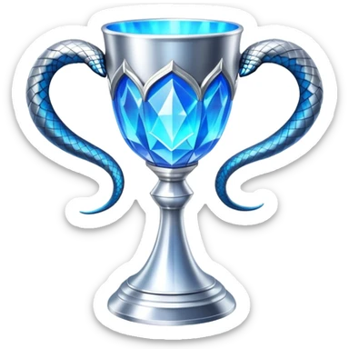 movie-accurate Triwizard Cup trophy from Harry Potter, identical to film prop, wide silver goblet with angular geometric facets, two large curved silver snake handles on opposite sides, bright ethereal blue glow sticker