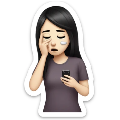 A girl with white skin and dark hair is crying, tears, holding her phone in her hand and pressing her finger on it and looking into it   sticker