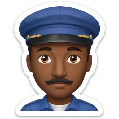 A dark-skinned man with a cap, brown eyes, and a thin black mustache. sticker
