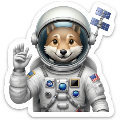 The astronaut wolf floats outside the space station, flashing a confident smile through his helmet, proud after fixing a satellite with just a wrench and a growl. sticker