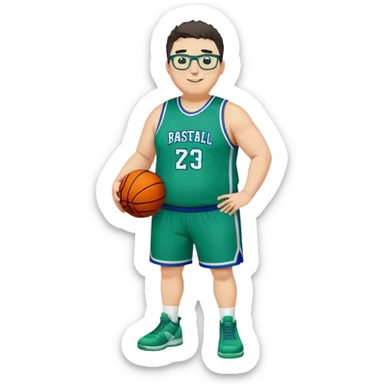 Full Body overweight white male with dark short spike hair basketball player wearing glasses wearing blue green uniform smiling sticker