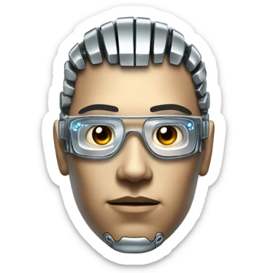 Male cyborg head with metallic skin, flat top, rectangular glasses and circuits sticker