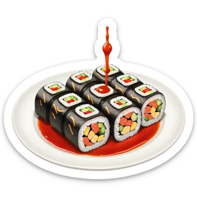 Maki rolls with sauce on top in a plate sticker