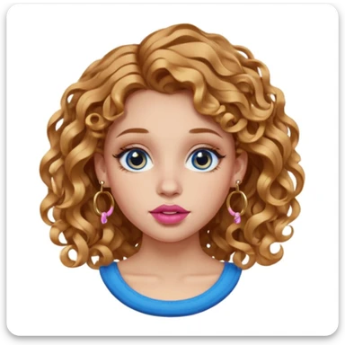 girl with light brown honey wavy hair (subtle side part and 2b curls). blue eyes. one golden nostril piercing (hoop). 6 golden hoop earrings. one golden hoop helix piercing. pink big lips.  sticker