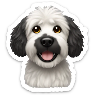 Fluffy dog with black face and white chest sticker