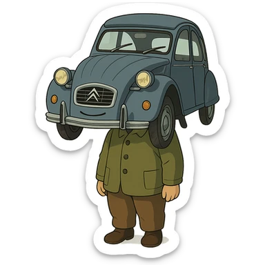 ghibli style character with a body and the face of a French automobile sticker