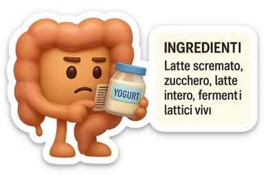 EMOJI STILE IPHONE 3D DI UN INTESTINO CHE HA IN MANO UN BARATTOLO DI YOGURT CONFEZIONATO DA SUPERMERCATO E LEGGE L'ETICHETTA NUTRIZIONALE CON GLI INGREDIENTI IN ITALIANO, ACCANTO ALLO YOGURT CHE HA IN MANO C'è UN FOCUS SULL'ETICHETTA CON GLI INGREDIENTI SCRITTI sticker