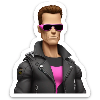 Schwarzenegger-like Terminator, upper body only, wearing his iconic clothes in pink, looking more human with minimal robotic details, and wearing dark sunglasses. sticker