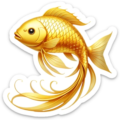 Mystical golden fish flowing in an omega shape, with its body transforming into streams of radiant energy that connect to a brain, heart, and joints. The fish appears magical and ethereal, with glowing scales and a luminous aura representing the essential nutrients of omega-3. sticker