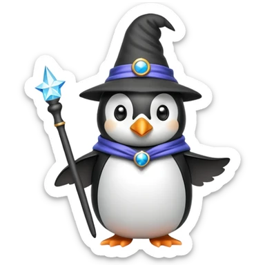 penguin wearing a wizard hat and holding a magic wand sticker