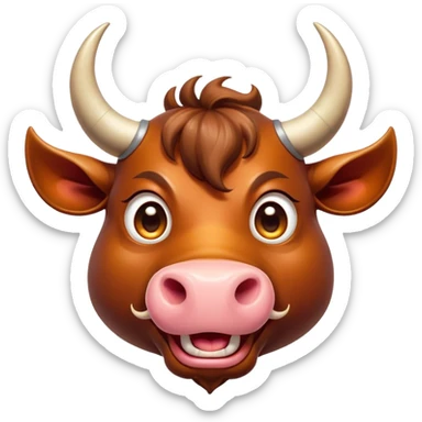 Cinematic Comical Domestic Ox Portrait Emoji, Head tilted dramatically with an exaggeratedly amused expression, featuring a striking, glossy hide with boldly curved horns and wide, expressive eyes brimming with playful disbelief, Simplified yet hilariously expressive features, highly detailed, glowing with a slightly sassy earthy glow, high shine, dramatic yet playful, stylized with an air of cheeky rural mischief, soft glowing outline, capturing the essence of a spirited and over-the-top ox that looks ready to charge its way into internet fame instantly! sticker