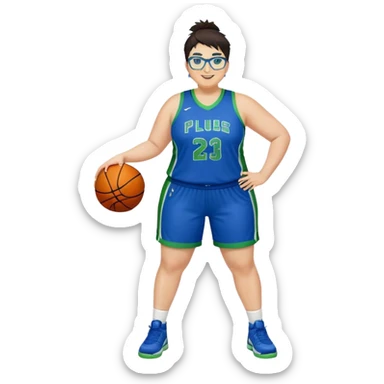 Full Body plus size white female basketball player with short dark hair with highlights spike hair wearing blue glasses  wearing blue green uniform smiling sticker