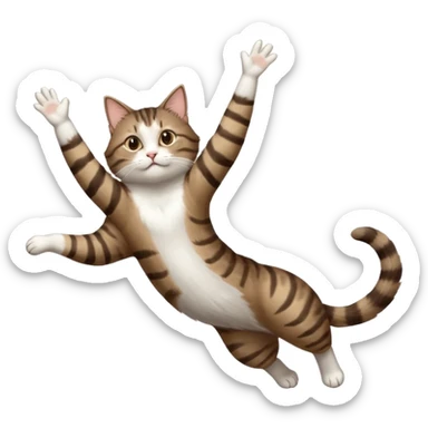 dark brown tabby and white cat with doing a big extremely long stretch reaching up into the air with arms and legs side by side together straight and overextended whilst lying on its side sticker