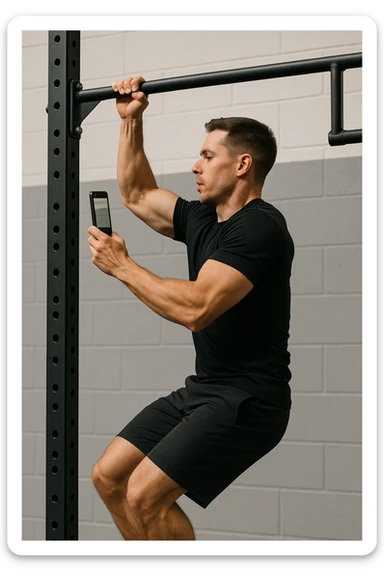 uomo che fa Muscle up e si sta filmando di lato con il telefonino che lo riprende mentre si allena, così da analizzarsi dopo sticker