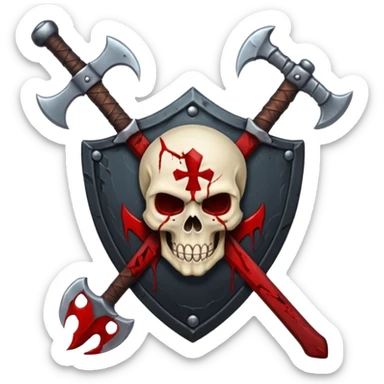 Dark horror shield badge, skull, blood stains, crossed bloody dagger and axe, gothic style, no background sticker