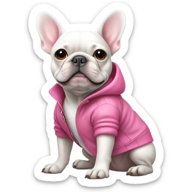 White French Bulldog wearing a pink jacket  sticker
