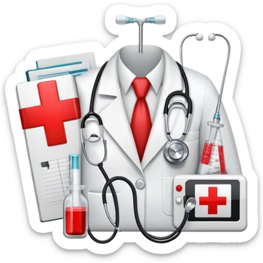 An icon featuring a red cross, stethoscope, syringe, and tonometer, symbolizing medicine. The design includes a white coat, medical book, heartbeat monitor, and pill, representing healthcare, diagnostics, and treatment. Transparent background highlights the science and practice of healing. sticker