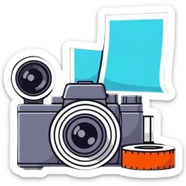 Film photography setup with camera, film rolls, and developed photos sticker