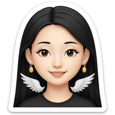 A Asian girl with fare skin and earrings, long straight black hair that is covering her checks with black eyes, smiling with a open wings eyeliner, mole near her nose of the right side sticker