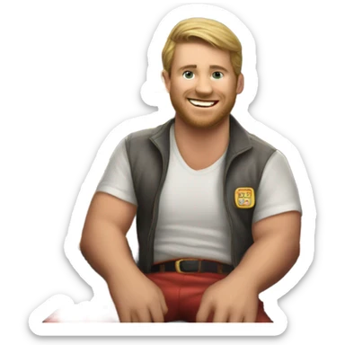 Ryan Muehlbach on a boat playing slots with a 32 on his shirt sticker