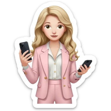 pale skin woman with dark blonde wavy long Hair, light pink Spacious classical jacket, light pink palazzo Arrow pants and white blouse holding white IPhone 15 pro in the hands sticker