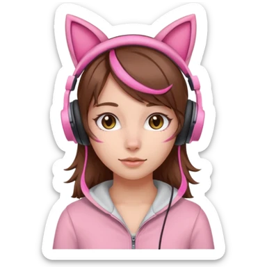 fille brune avec casque oreille de chat rose sticker