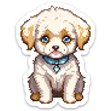 chibi cream Maltipoo puppy, pixel art emoji, big sparkling eyes, fluffy fur, sitting, pastel colors, simplified for emoji, 64x64 sticker