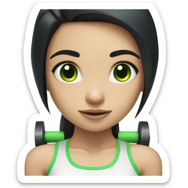 Pale girl with long black hair and green eyes lifting weights sticker