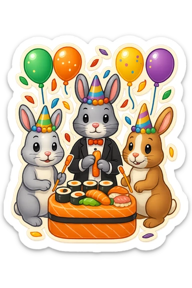 Add a fourth bunny so there are four bunnies together, all clearly visible, eating sushi at a birthday party, playful, festive emoji style, preserve the background transparency. sticker