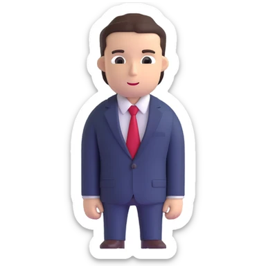 man wearing a dark blue-gray business suit with a white shirt and a red tie sticker